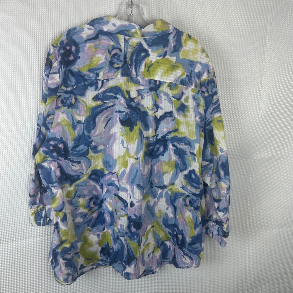 Karen Scott Woman 3X Blue Floral Cotton Button Down Shirt 3/4 Sleeve Top